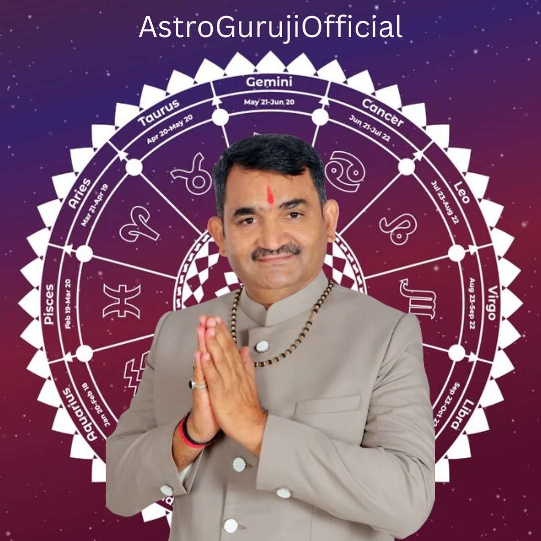 Supplied astrologer portrait with a zodiac background and AstroGurujiOfficial text