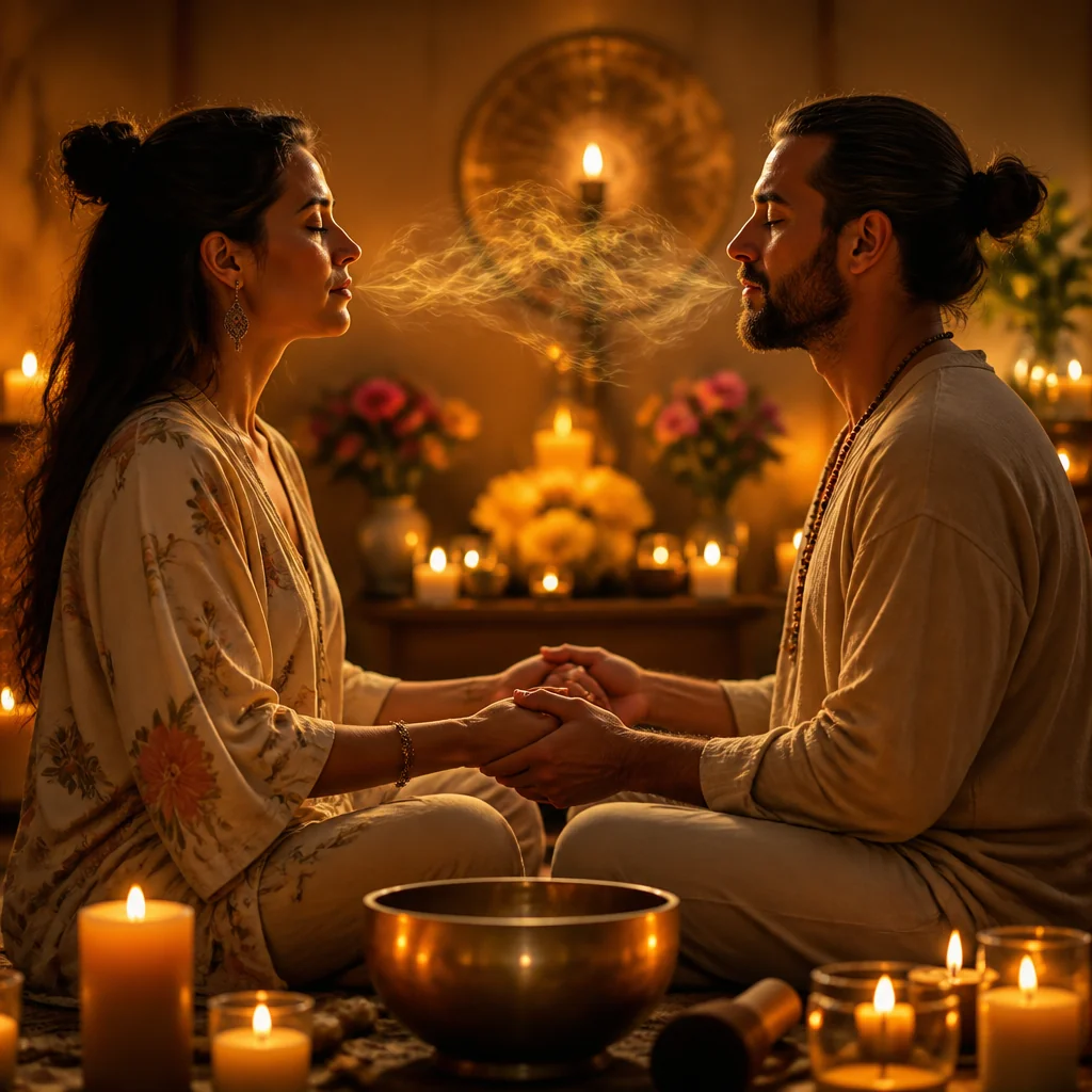 Illustration of a couple holding hands in a spiritual setting