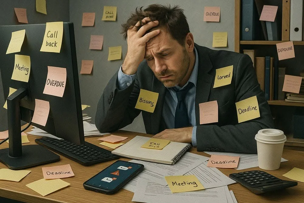 A professional reviewing work and deadlines at an office desk