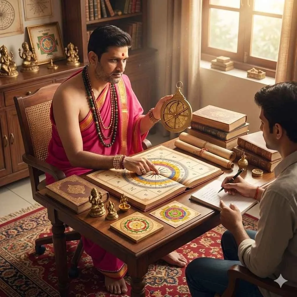 Illustration of an astrologer explaining a Kundli chart to a visitor