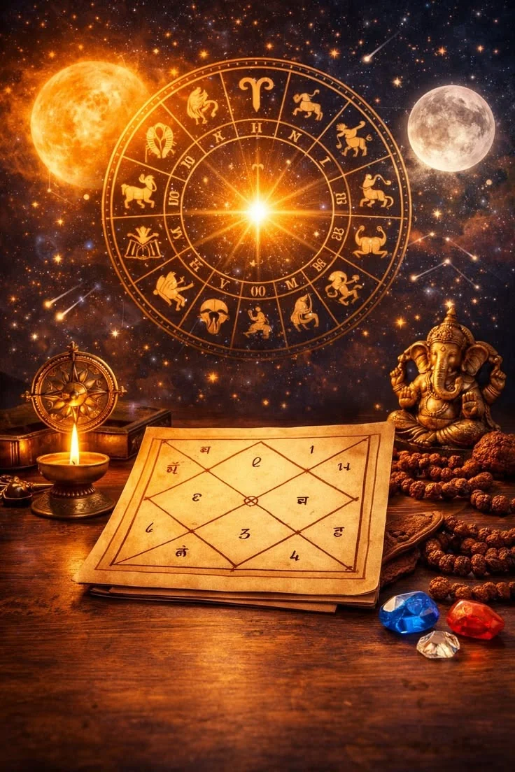 Illustration of a Kundli chart with zodiac and planetary motifs