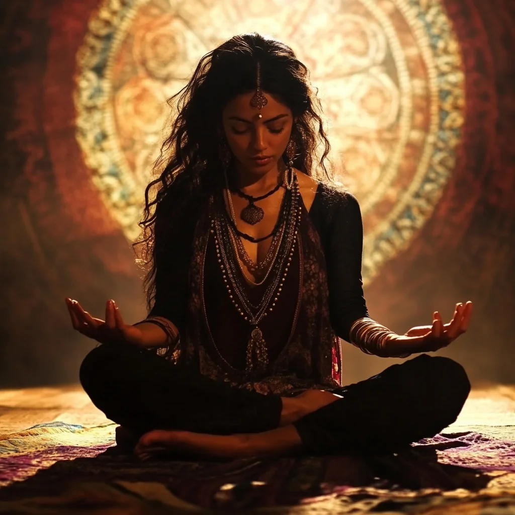 Illustration of a woman seated in meditation with prayer beads