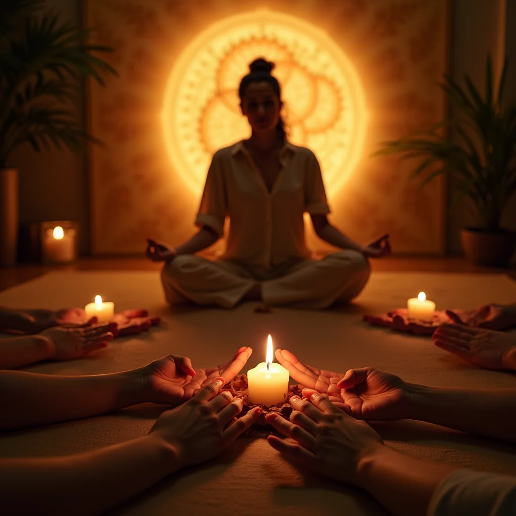 Illustration of meditation beside lit diyas and a puja arrangement