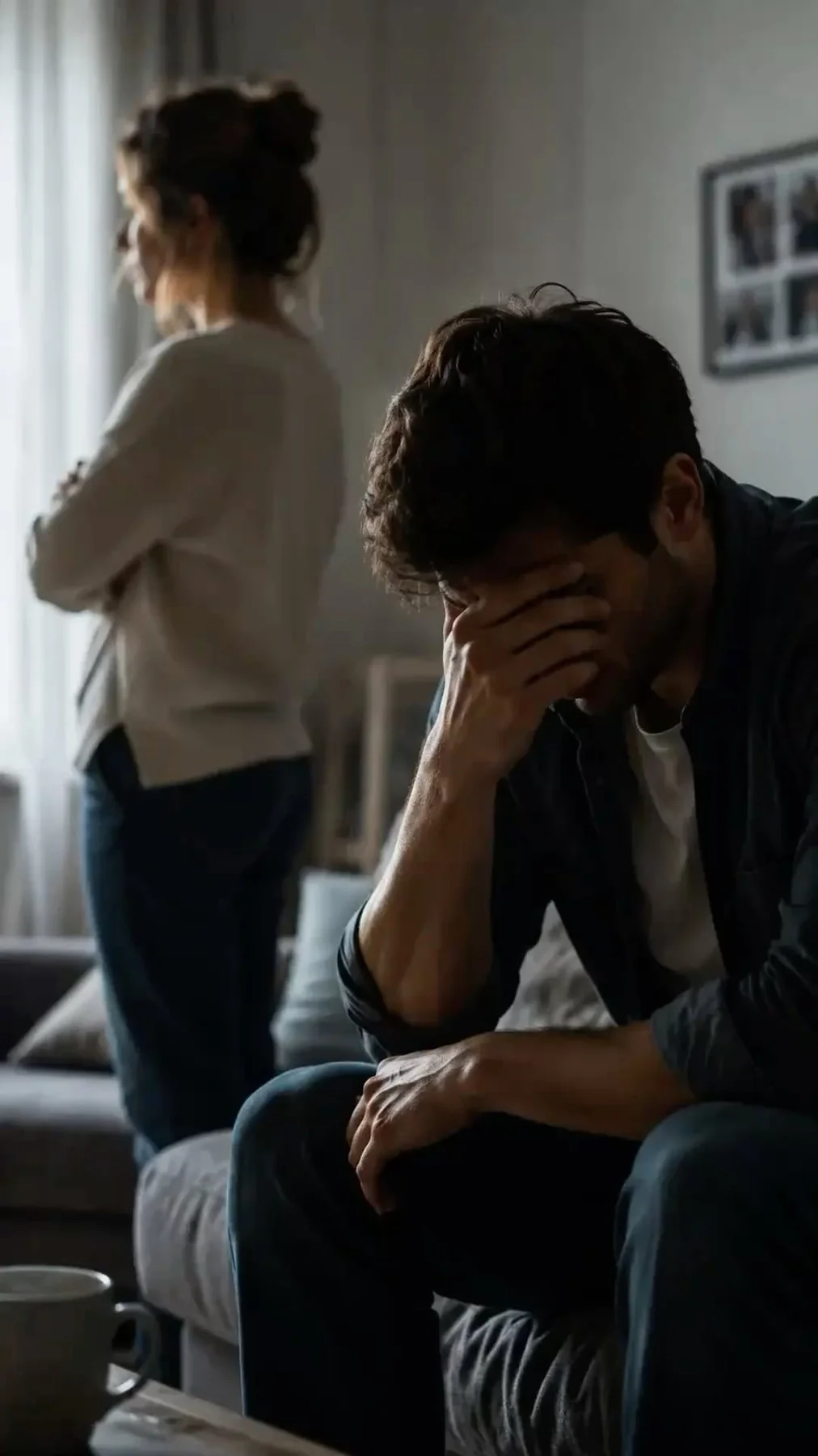 A couple seated apart during a relationship concern